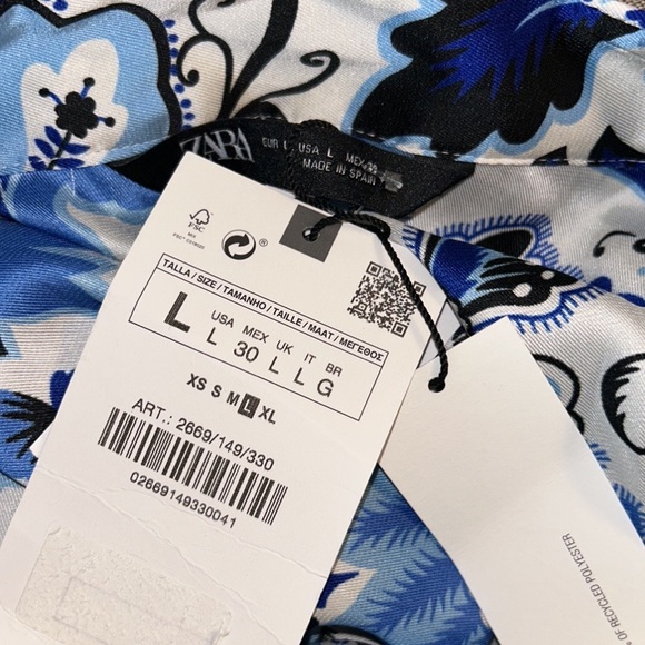 NWT Zara Navy Aqua Blue & White Floral Satin Button Down Blouse - L - Picture 13 of 16